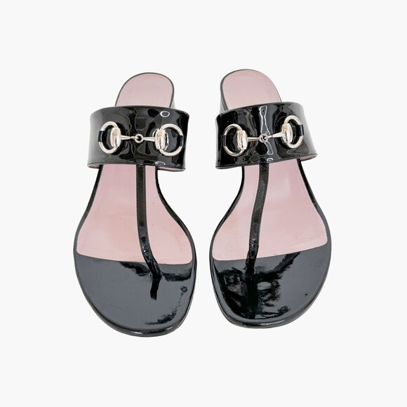 Gucci Lilane Horsebit Thong Sandals EU 37.5 US 7.5 Black Patent Low Block Heel - Picture 2 of 11